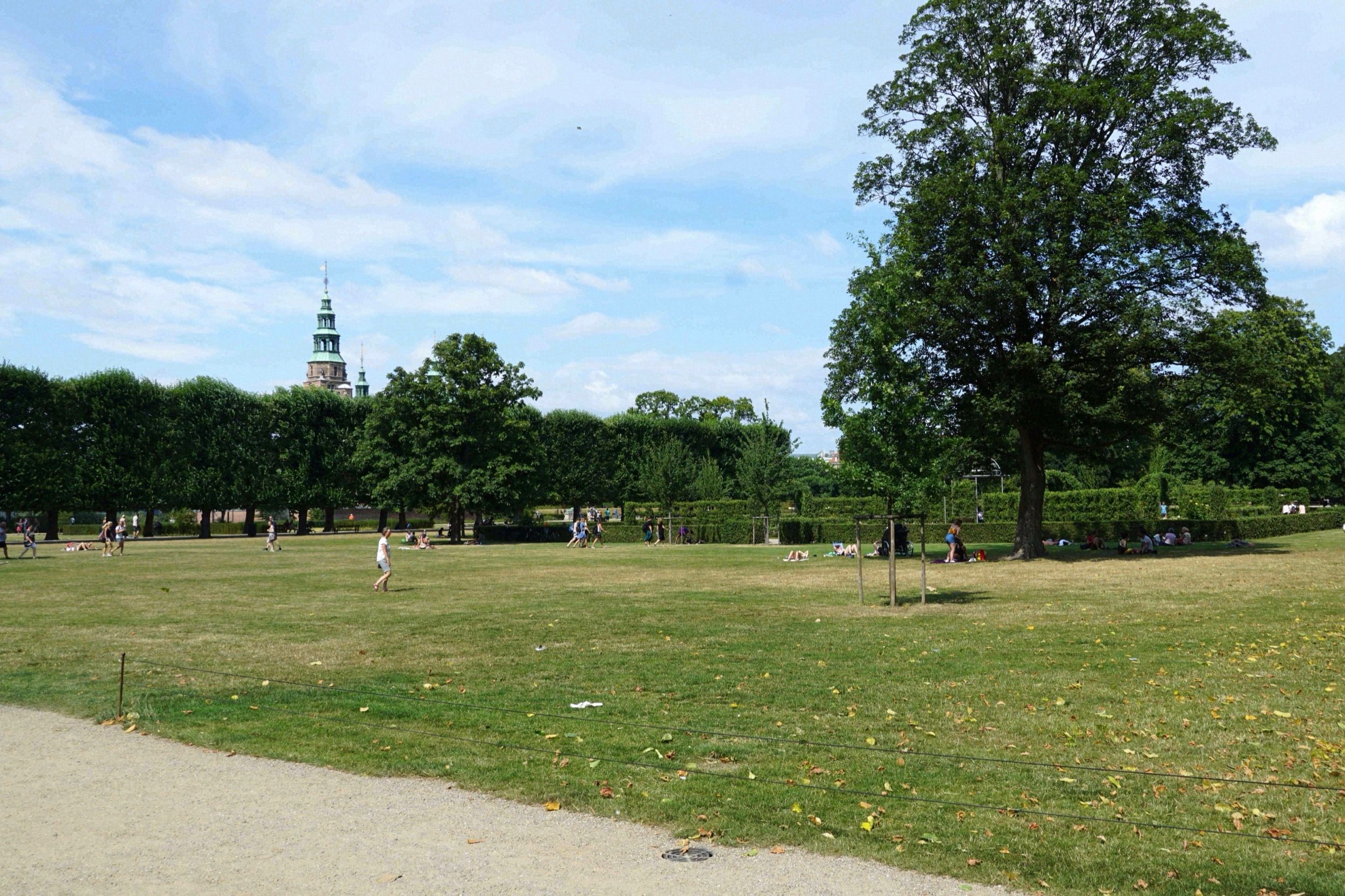 Weitlaeufige Parkwiese im Kongens Have mit dem gruenen Turm von Rosenborg Slot im Hintergrund.